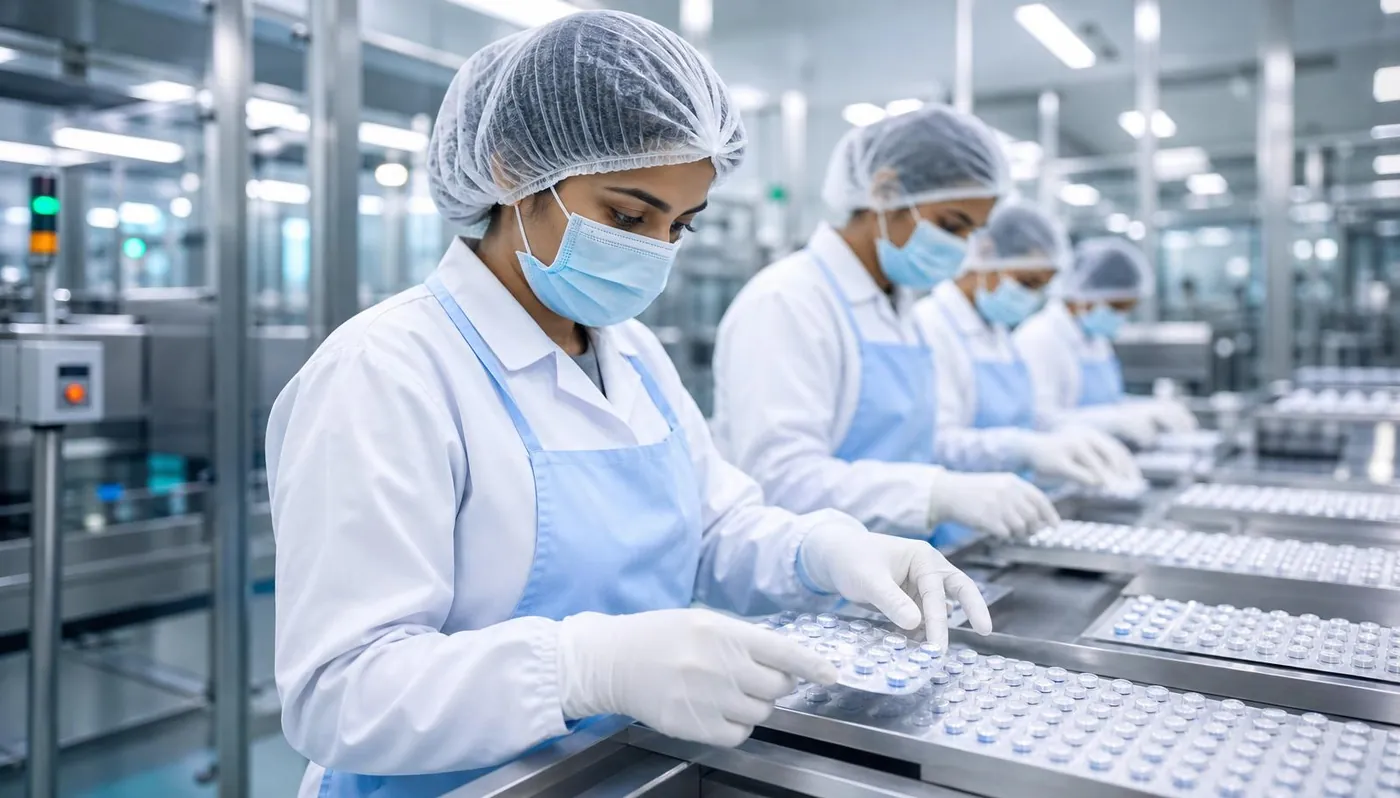 WHO-GMP certified pharmaceutical manufacturing line with technicians in masks, hairnets and aprons inspecting blister packs